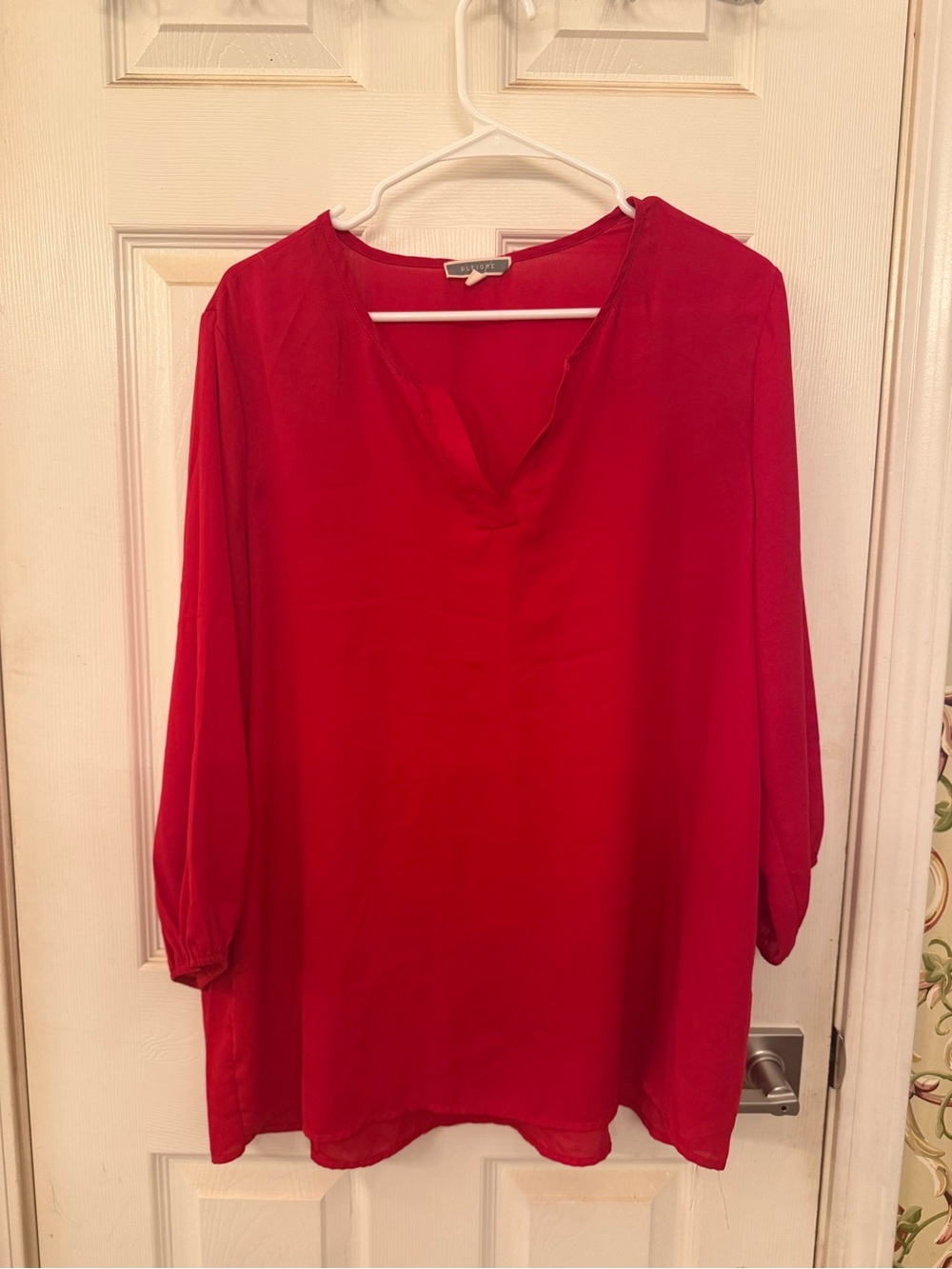 Pleione Red Split-Neck Tunic Blouse